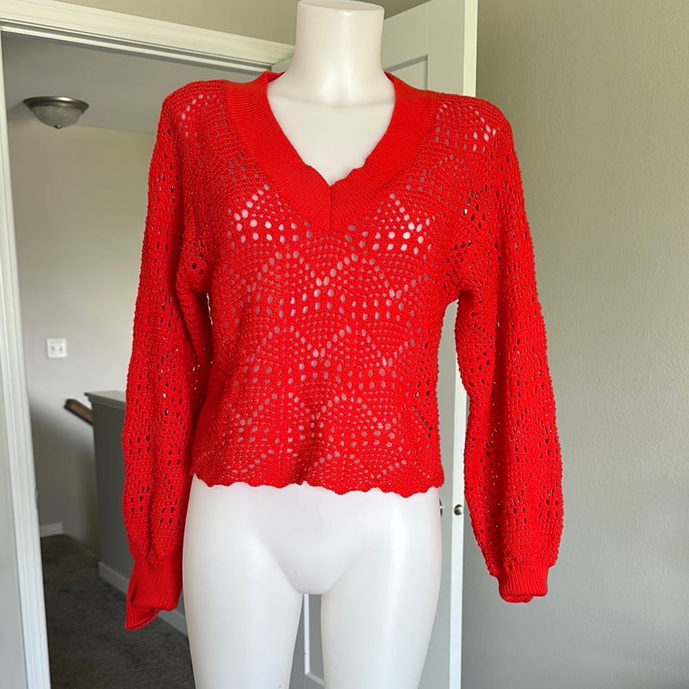 525 Red V-Neck Crochet Sweater